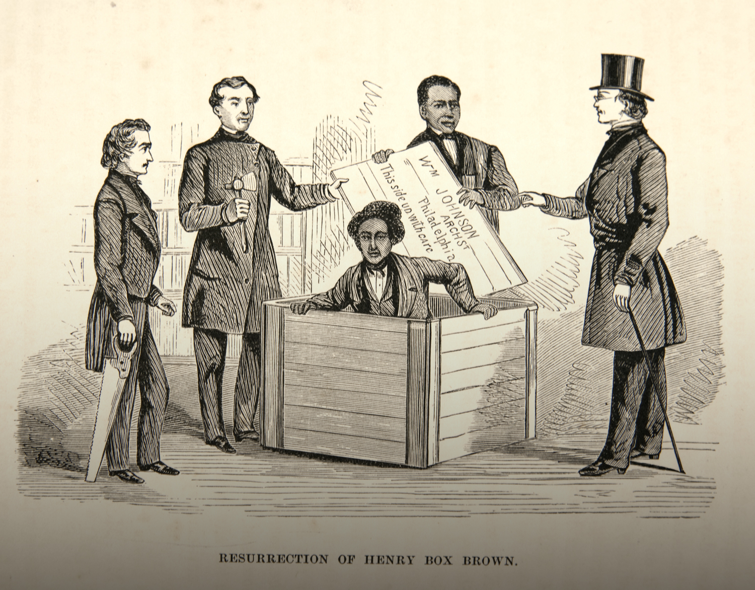 A man in a wooden box surrounded by four other men