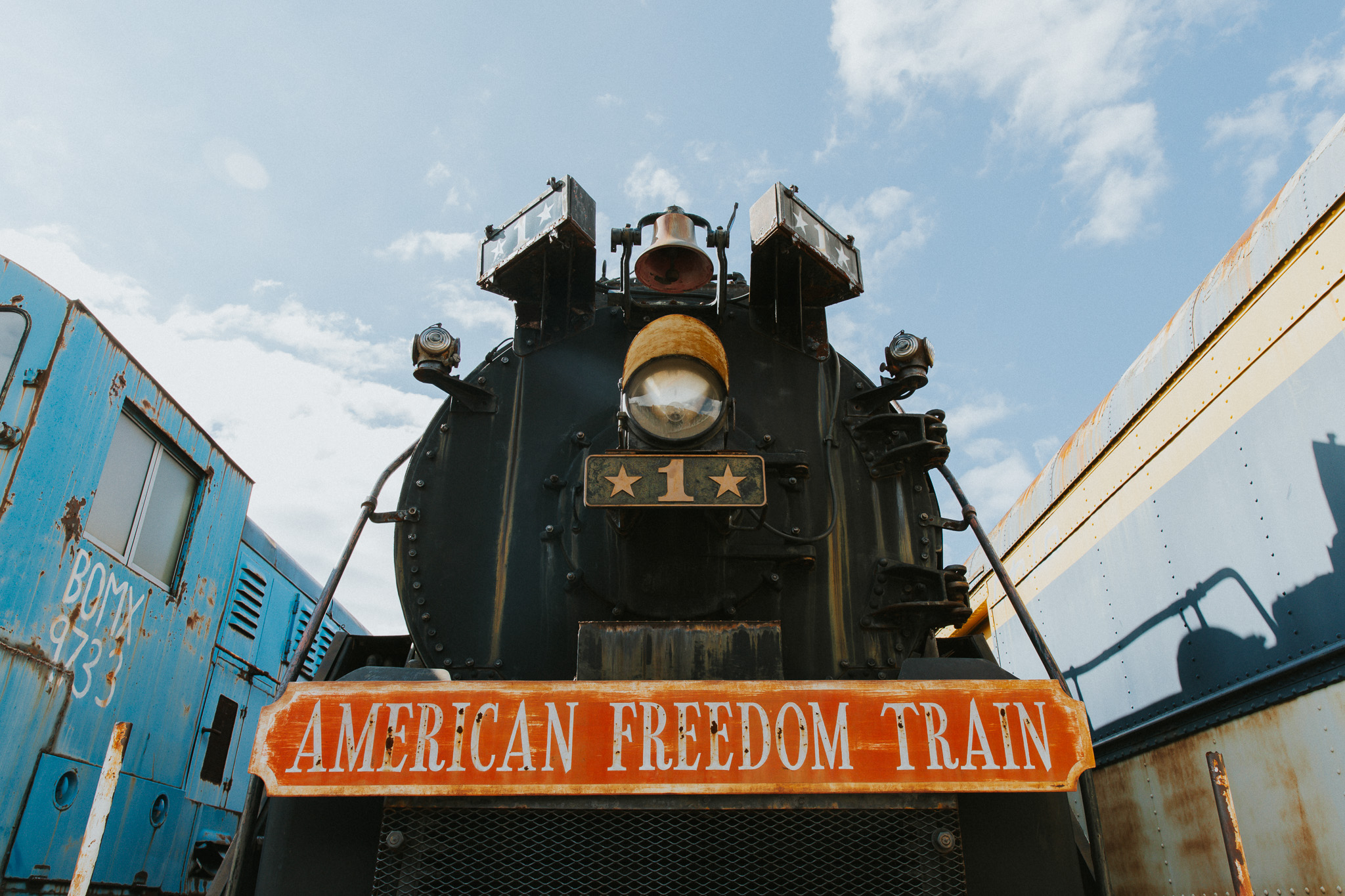 The American Freedom Train. A head-on shot of a black train with a red and gold sign that reads 