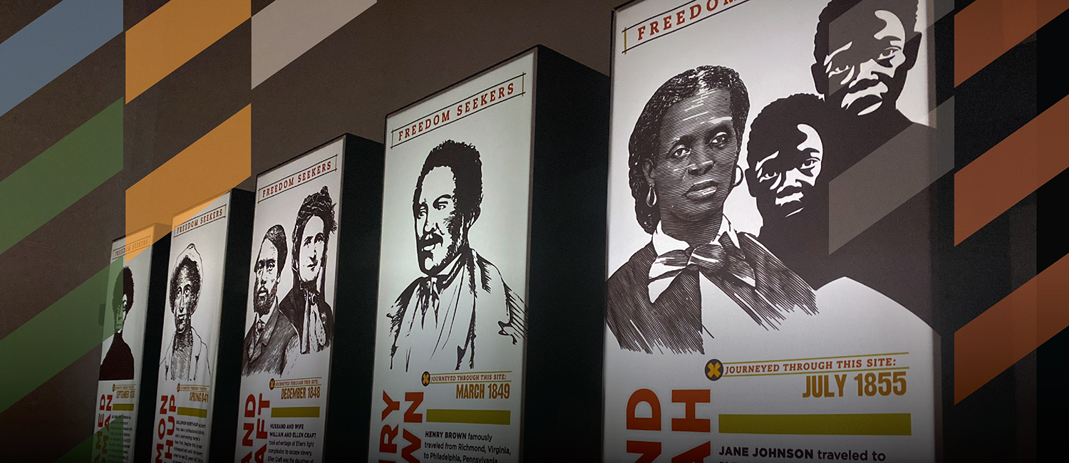 Signs from the Underground Railroad Exhibition. There are 5 in total with different historical figures on them.