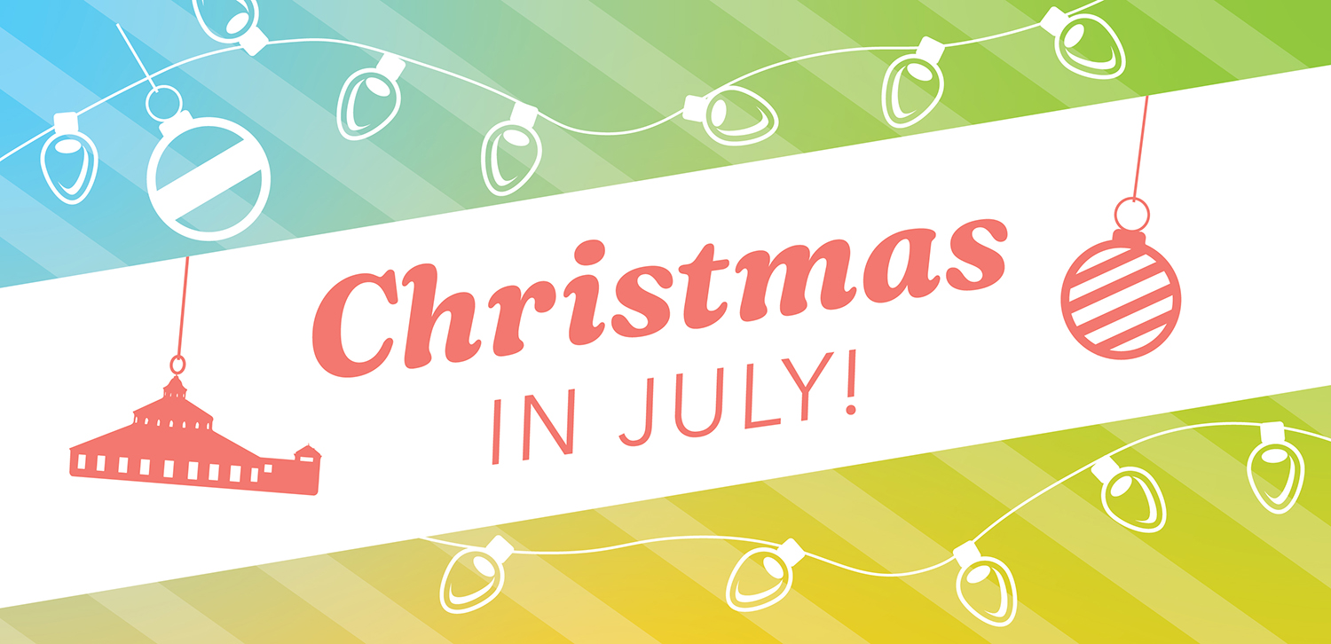 Blue, red, green, and yellow graphic that says "Christmas in July."