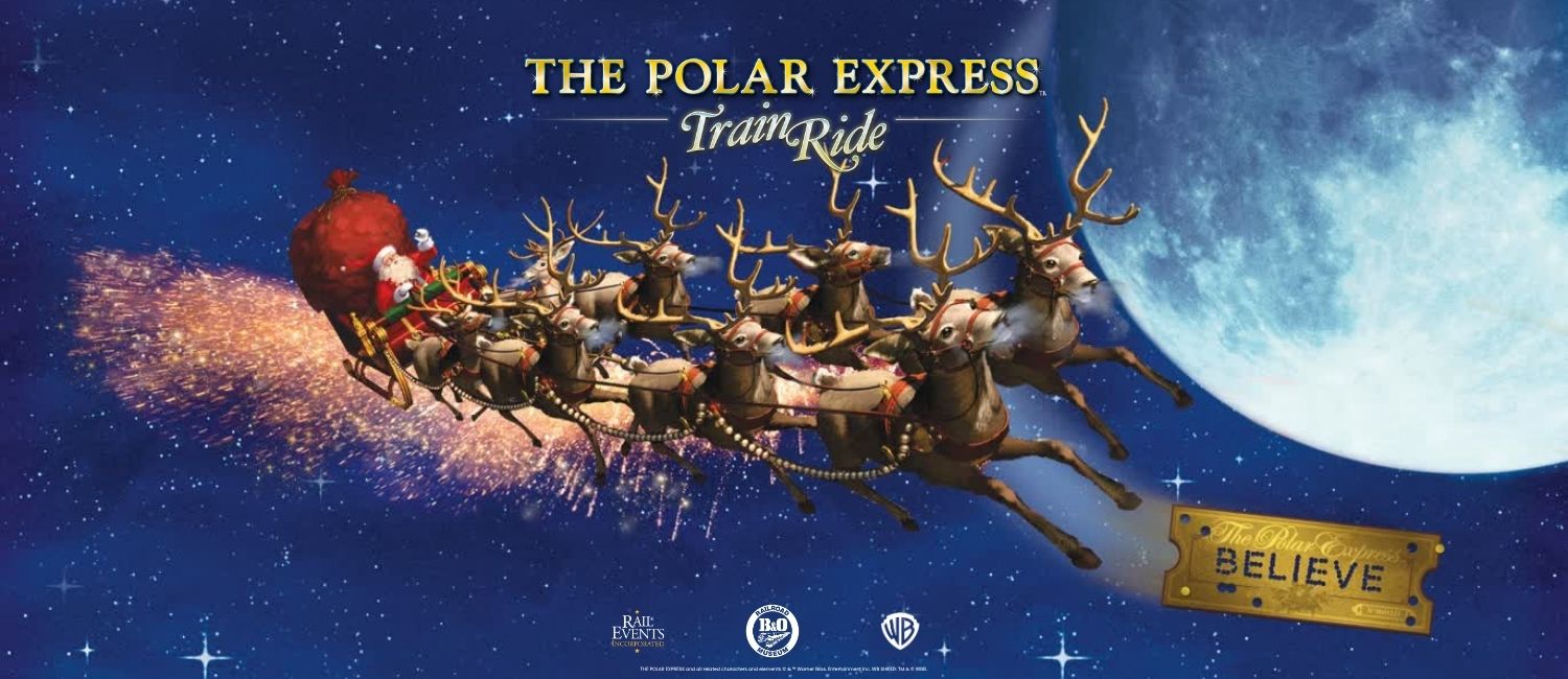 Santa and his reindeer are flying in the sky, close to the moon. A golden ticket floats in the air.