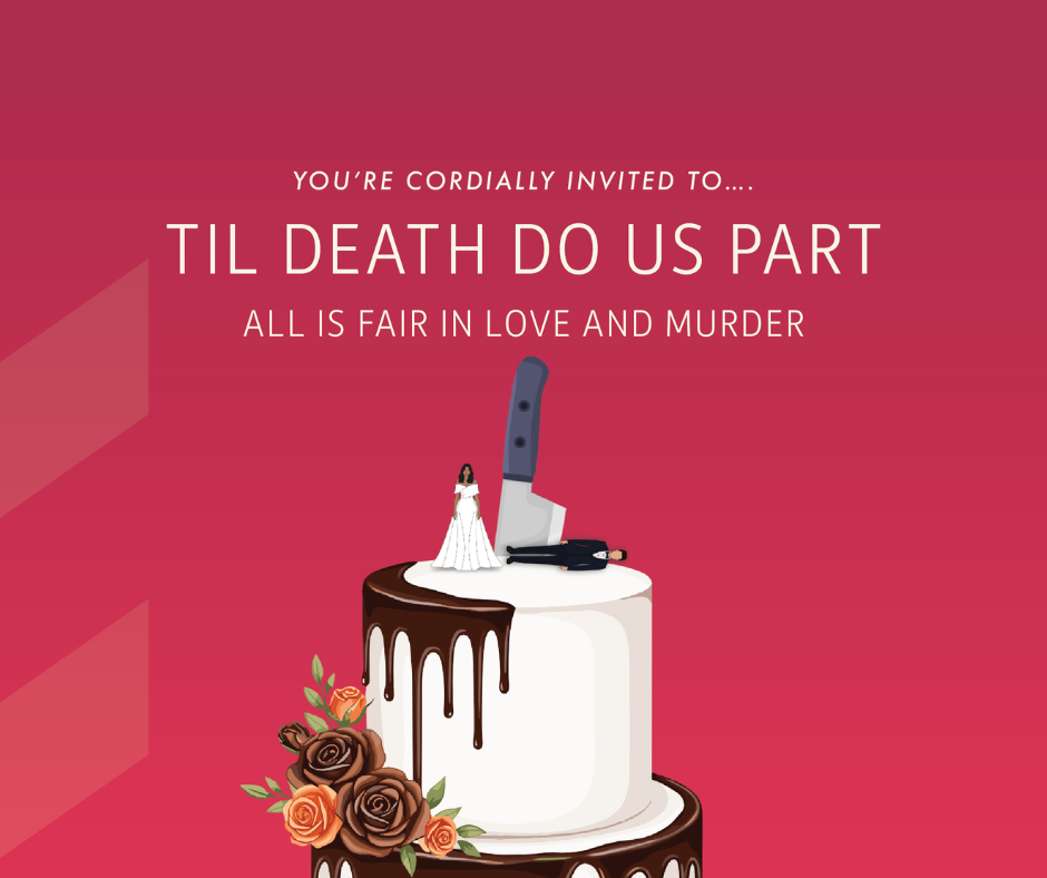 Graphic including a decorated wedding cake with a knife stuck in the top, behind bride and groom figurines